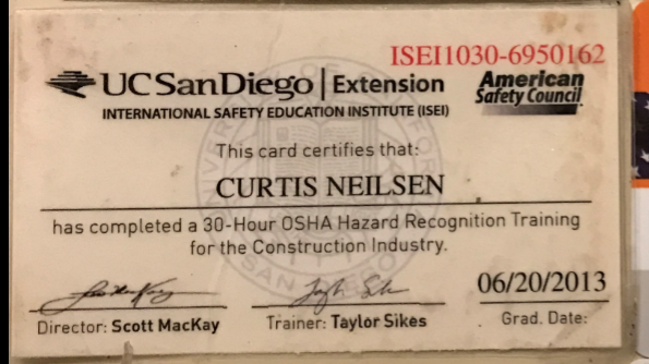 Actual OSHA 30 Training document for Curtis Neilsen