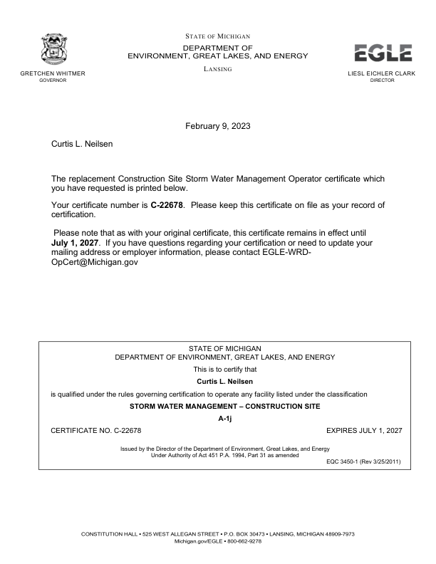 Actual Michigan Storm Water Operator document for Curtis Neilsen