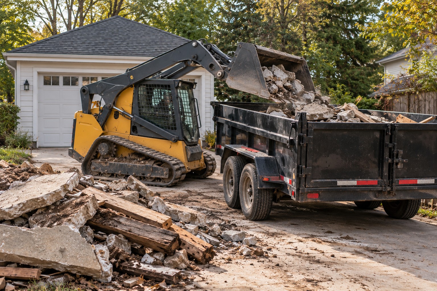 Illustrative skid steer loading demolition debris into a dump trailer